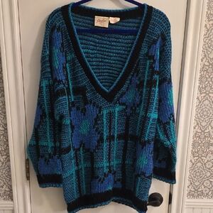 Ginafiori Made In Great Britain Wool Blend 80s Floral Geometric Knit Sweater M